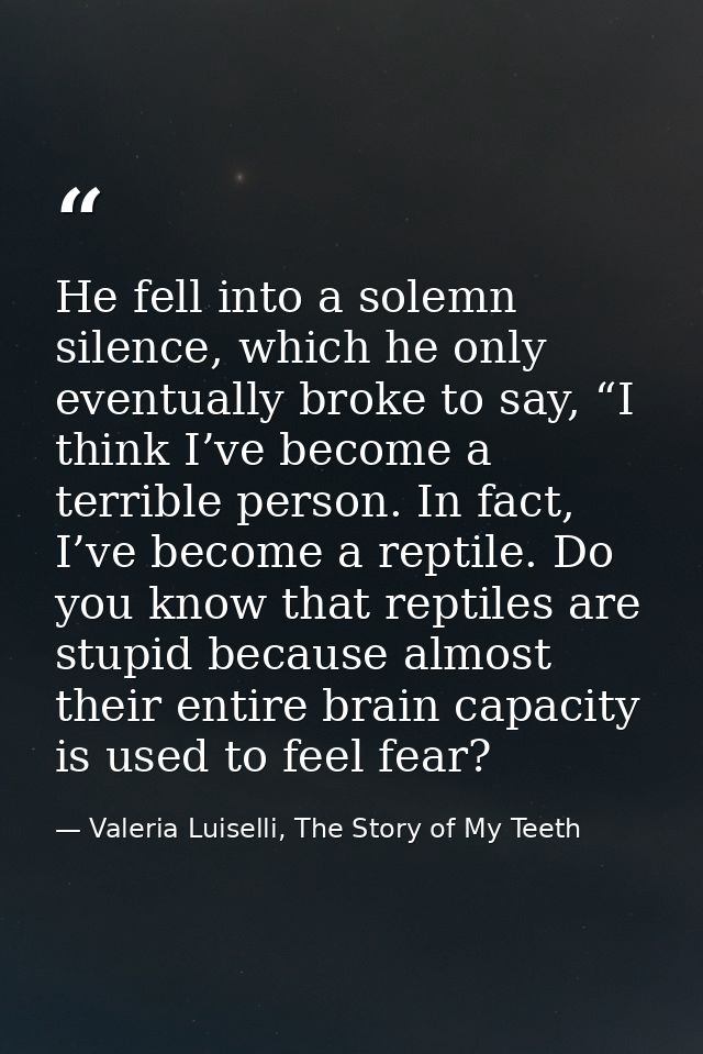 He fell into a solemn silence, which he only eventually broke to say, “I think I’ve become a terrible person. In fact, I — Valeria Luiselli, The Story of My Teeth