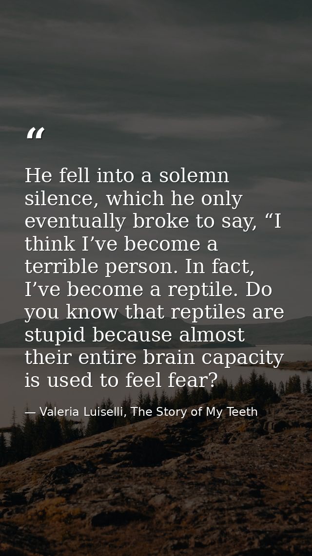 He fell into a solemn silence, which he only eventually broke to say, “I think I’ve become a terrible person. In fact, I — Valeria Luiselli, The Story of My Teeth