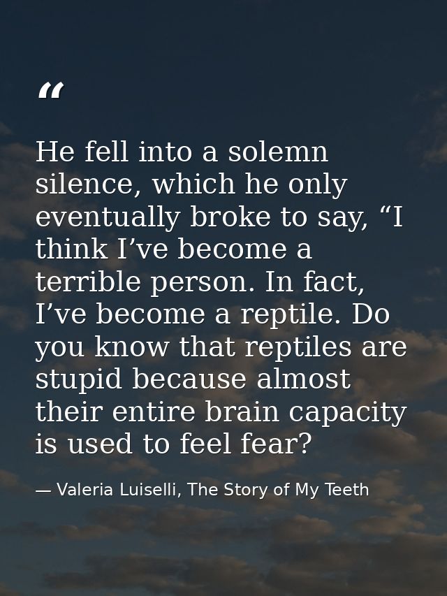 He fell into a solemn silence, which he only eventually broke to say, “I think I’ve become a terrible person. In fact, I — Valeria Luiselli, The Story of My Teeth