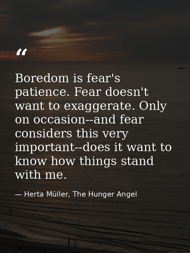 Boredom is fear's patience. Fear doesn't want to exaggerate. Only on occasion--and fear considers this very important--d — Herta Müller, The Hunger Angel
