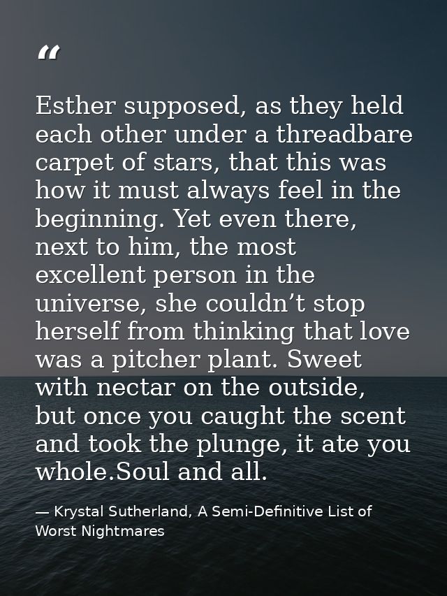 Esther supposed, as they held each other under a threadbare carpet of stars, that this was how it must always feel in th — Krystal Sutherland, A Semi-Definitive List of Worst Nightmares