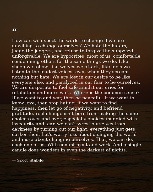 How can we expect the world to change if we are unwilling to change ourselves? We hate the haters, judge the judgers, an — Scott Stabile