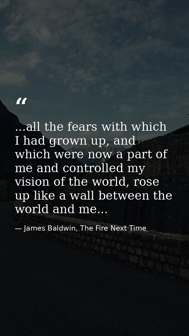 ...all the fears with which I had grown up, and which were now a part of me and controlled my vision of the world, rose  — James Baldwin, The Fire Next Time
