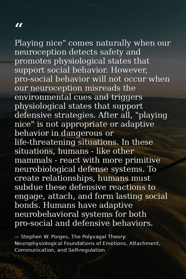 Playing nice" comes naturally when our neuroception detects safety and promotes physiological states that support social — Stephen W. Porges, The Polyvagal Theory: Neurophysiological Foundations of Emotions, Attachment, Communication, and Self-regulation
