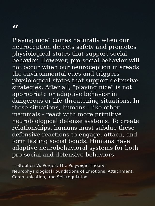 Playing nice" comes naturally when our neuroception detects safety and promotes physiological states that support social — Stephen W. Porges, The Polyvagal Theory: Neurophysiological Foundations of Emotions, Attachment, Communication, and Self-regulation