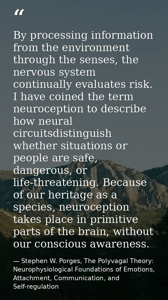 By processing information from the environment through the senses, the nervous system continually evaluates risk. I have — Stephen W. Porges, The Polyvagal Theory: Neurophysiological Foundations of Emotions, Attachment, Communication, and Self-regulation