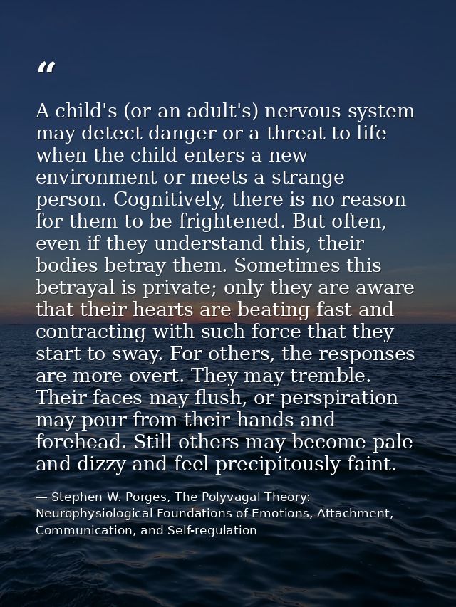 A child's (or an adult's) nervous system may detect danger or a threat to life when the child enters a new environment o — Stephen W. Porges, The Polyvagal Theory: Neurophysiological Foundations of Emotions, Attachment, Communication, and Self-regulation