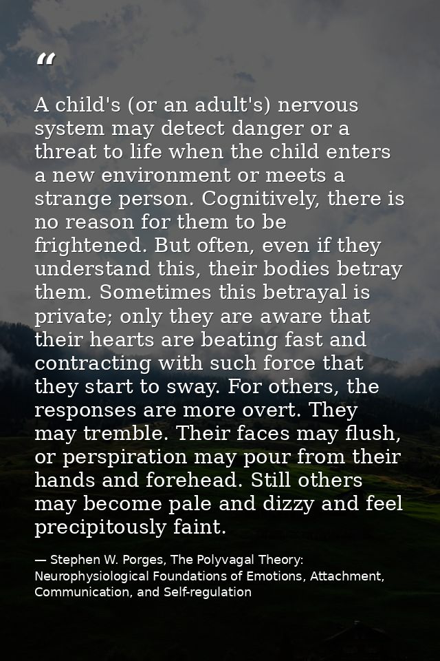 A child's (or an adult's) nervous system may detect danger or a threat to life when the child enters a new environment o — Stephen W. Porges, The Polyvagal Theory: Neurophysiological Foundations of Emotions, Attachment, Communication, and Self-regulation
