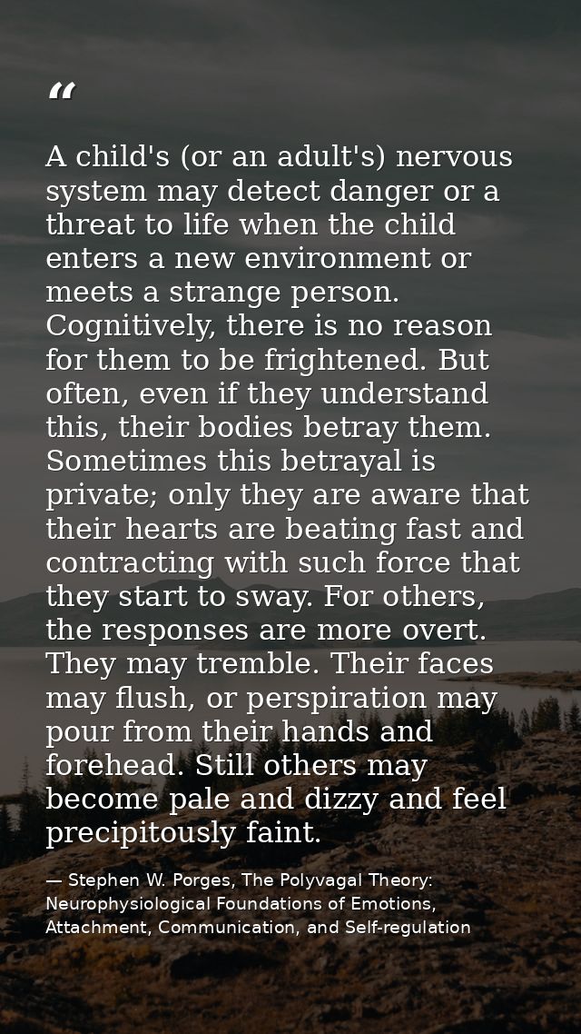 A child's (or an adult's) nervous system may detect danger or a threat to life when the child enters a new environment o — Stephen W. Porges, The Polyvagal Theory: Neurophysiological Foundations of Emotions, Attachment, Communication, and Self-regulation