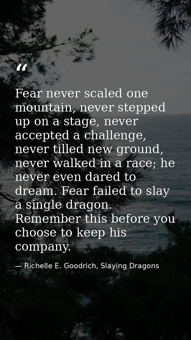 Fear never scaled one mountain, never stepped up on a stage, never accepted a challenge, never tilled new ground, never  — Richelle E. Goodrich, Slaying Dragons