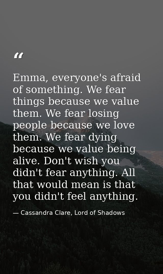Emma, everyone's afraid of something. We fear things because we value them. We fear losing people because we love them.  — Cassandra Clare, Lord of Shadows