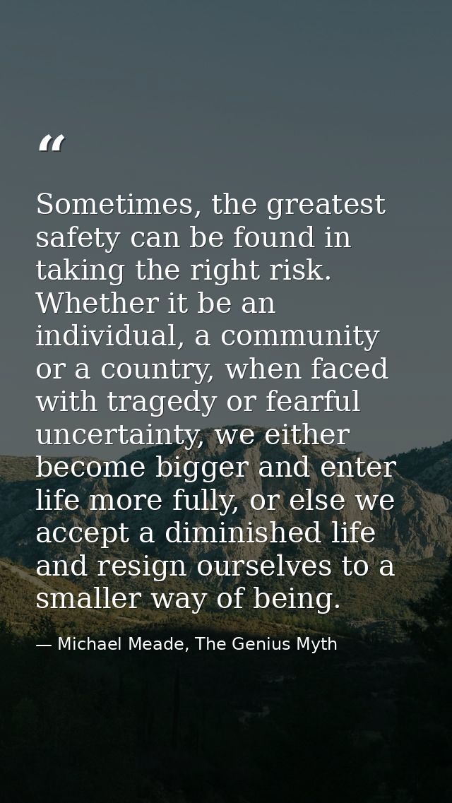 Sometimes, the greatest safety can be found in taking the right risk. Whether it be an individual, a community or a coun — Michael Meade, The Genius Myth