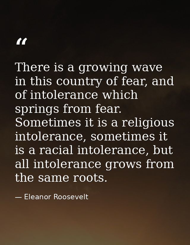There is a growing wave in this country of fear, and of intolerance which springs from fear. Sometimes it is a religious — Eleanor Roosevelt