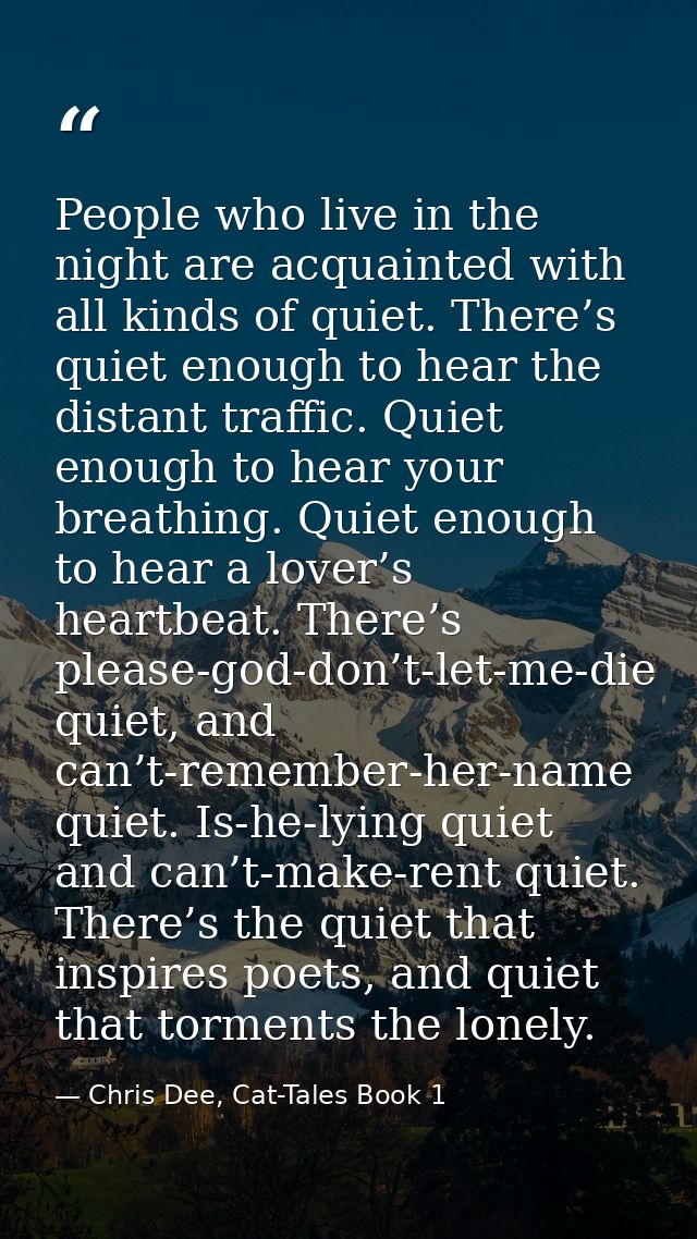 People who live in the night are acquainted with all kinds of quiet. There’s quiet enough to hear the distant traffic. Q — Chris Dee, Cat-Tales Book 1