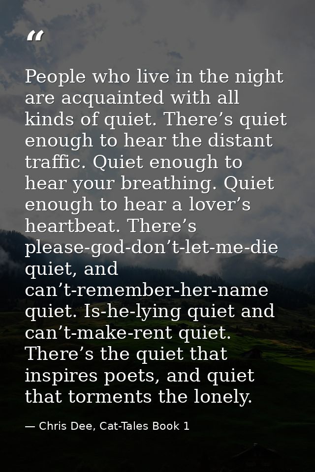 People who live in the night are acquainted with all kinds of quiet. There’s quiet enough to hear the distant traffic. Q — Chris Dee, Cat-Tales Book 1