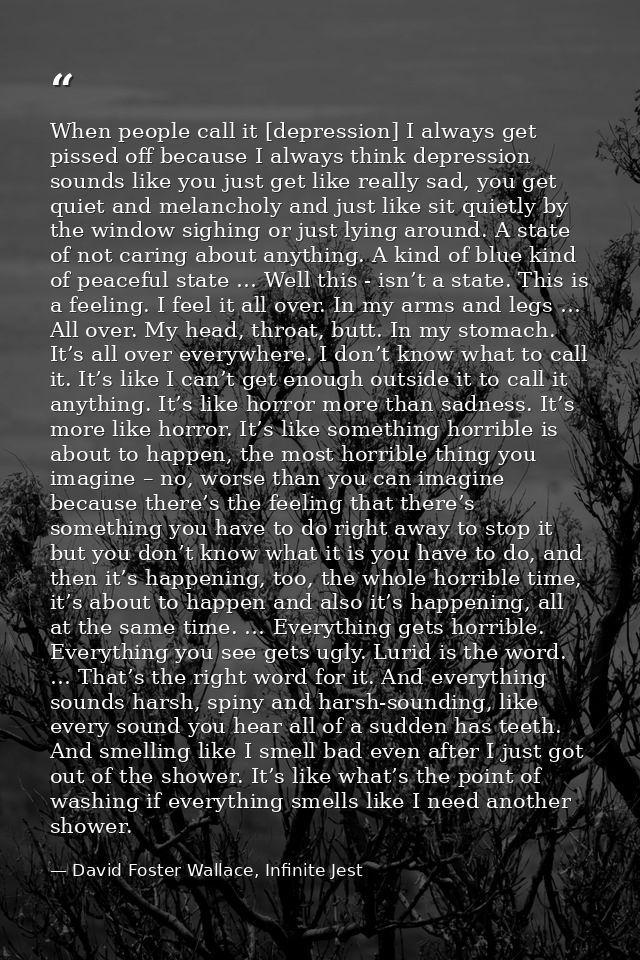When people call it [depression] I always get pissed off because I always think depression sounds like you just get like — David Foster Wallace, Infinite Jest