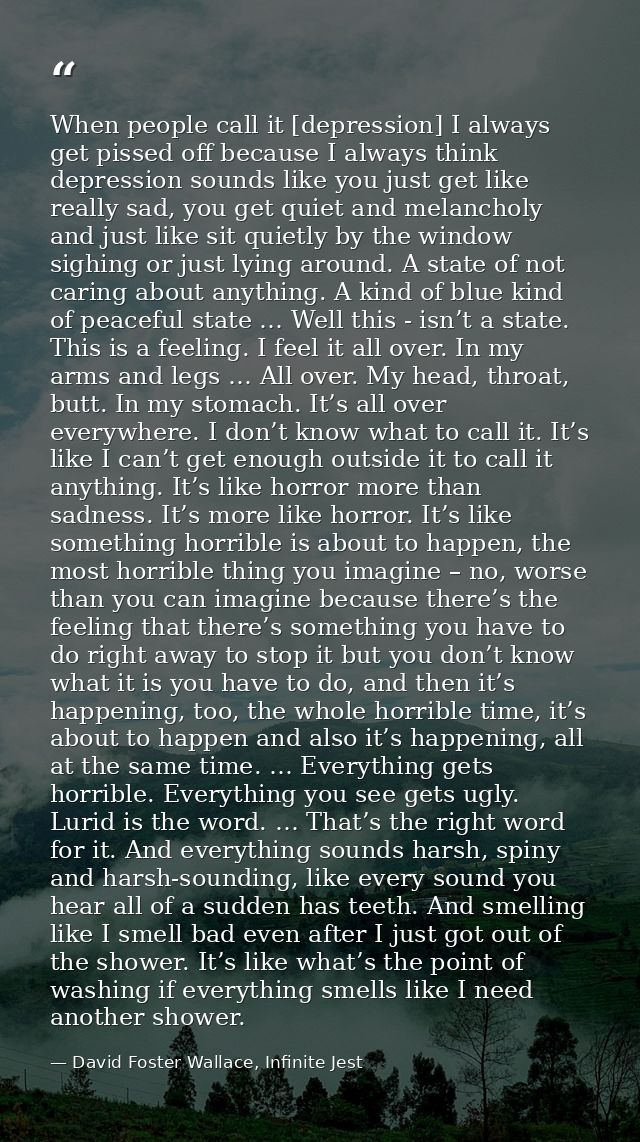 When people call it [depression] I always get pissed off because I always think depression sounds like you just get like — David Foster Wallace, Infinite Jest