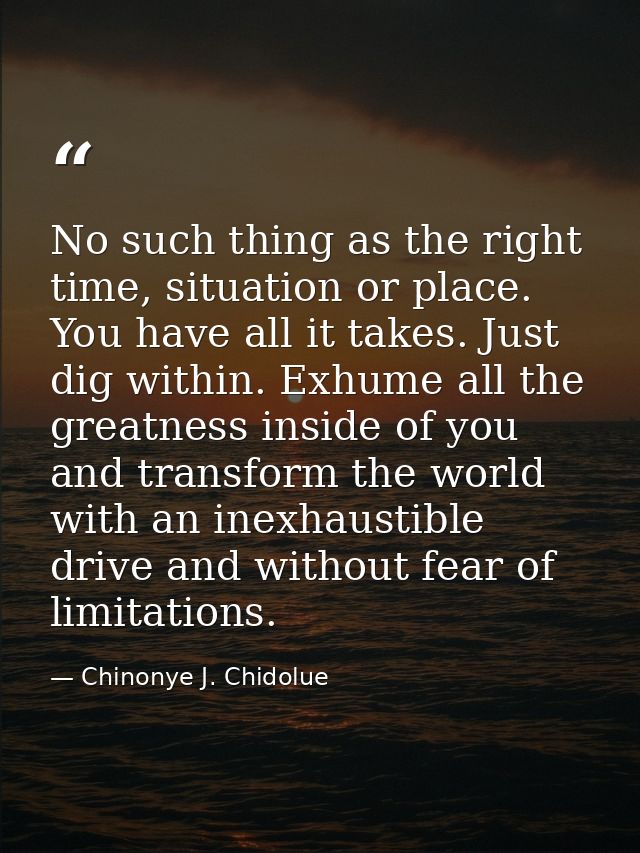 No such thing as the right time, situation or place. You have all it takes. Just dig within. Exhume all the greatness in — Chinonye J. Chidolue