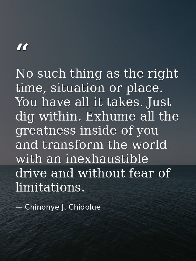 No such thing as the right time, situation or place. You have all it takes. Just dig within. Exhume all the greatness in — Chinonye J. Chidolue