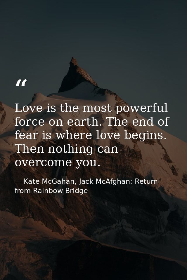 Love is the most powerful force on earth. The end of fear is where love begins. Then nothing can overcome you. — Kate McGahan, Jack McAfghan: Return from Rainbow Bridge