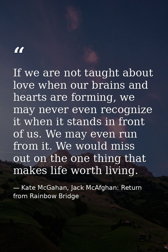 If we are not taught about love when our brains and hearts are forming, we may never even recognize it when it stands in — Kate McGahan, Jack McAfghan: Return from Rainbow Bridge