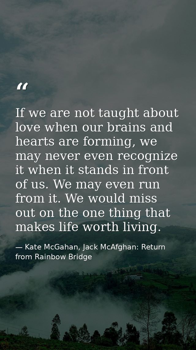 If we are not taught about love when our brains and hearts are forming, we may never even recognize it when it stands in — Kate McGahan, Jack McAfghan: Return from Rainbow Bridge