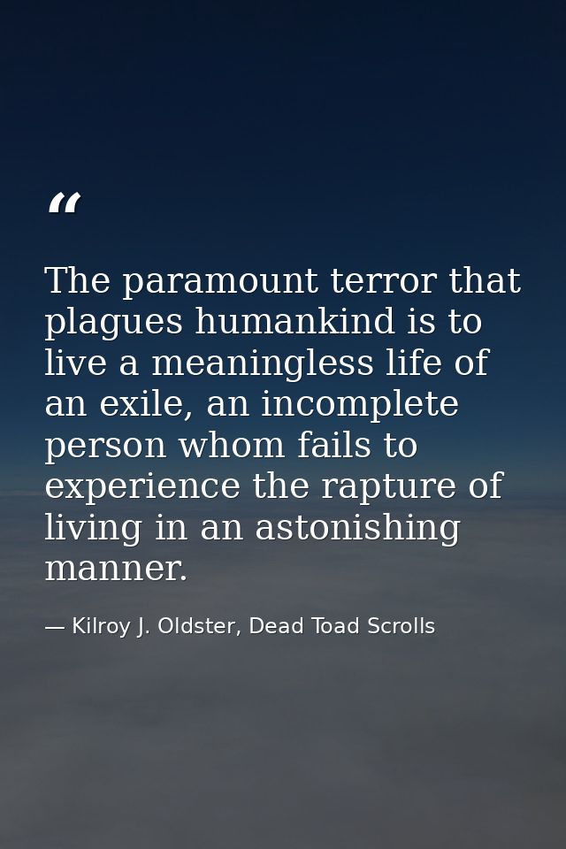 The paramount terror that plagues humankind is to live a meaningless life of an exile, an incomplete person whom fails t — Kilroy J. Oldster, Dead Toad Scrolls