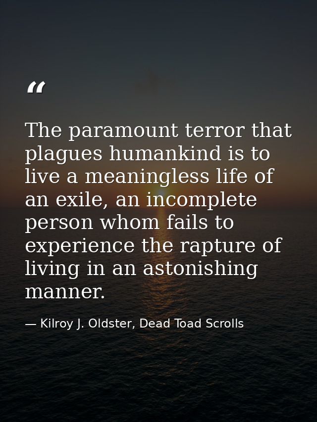 The paramount terror that plagues humankind is to live a meaningless life of an exile, an incomplete person whom fails t — Kilroy J. Oldster, Dead Toad Scrolls