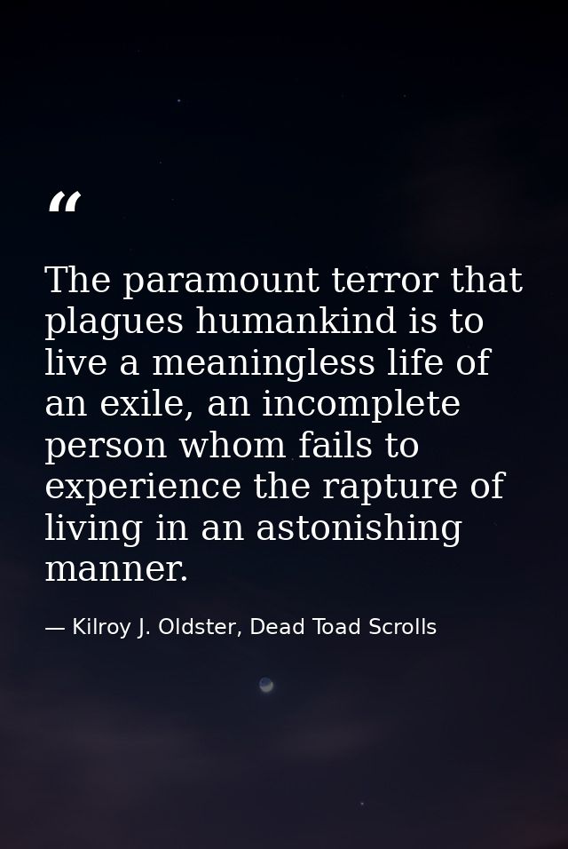 The paramount terror that plagues humankind is to live a meaningless life of an exile, an incomplete person whom fails t — Kilroy J. Oldster, Dead Toad Scrolls