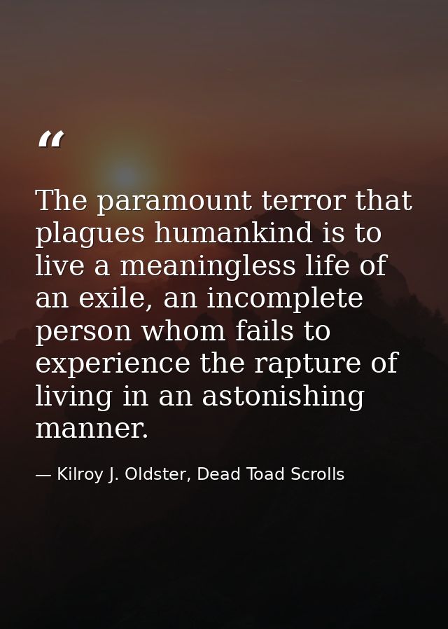 The paramount terror that plagues humankind is to live a meaningless life of an exile, an incomplete person whom fails t — Kilroy J. Oldster, Dead Toad Scrolls