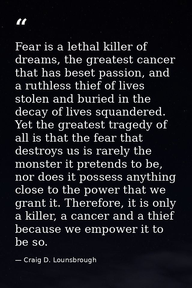 Fear is a lethal killer of dreams, the greatest cancer that has beset passion, and a ruthless thief of lives stolen and  — Craig D. Lounsbrough