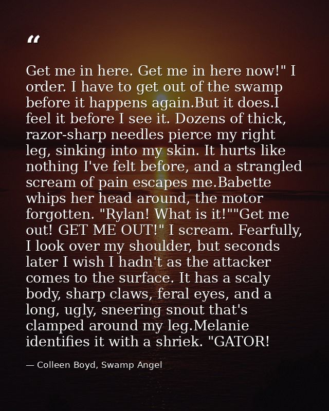 Get me in here. Get me in here now!" I order. I have to get out of the swamp before it happens again.But it does.I feel  — Colleen Boyd, Swamp Angel