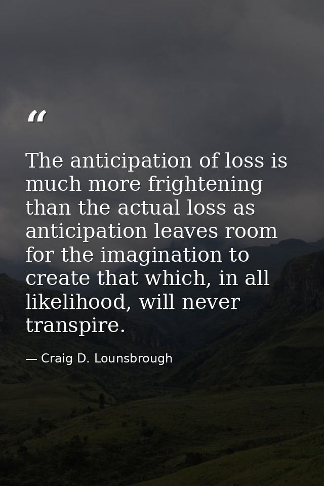 The anticipation of loss is much more frightening than the actual loss as anticipation leaves room for the imagination t — Craig D. Lounsbrough