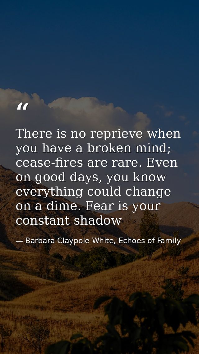 There is no reprieve when you have a broken mind; cease-fires are rare. Even on good days, you know everything could cha — Barbara Claypole White, Echoes of Family