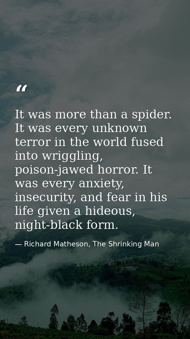 It was more than a spider. It was every unknown terror in the world fused into wriggling, poison-jawed horror. It was ev — Richard Matheson, The Shrinking Man