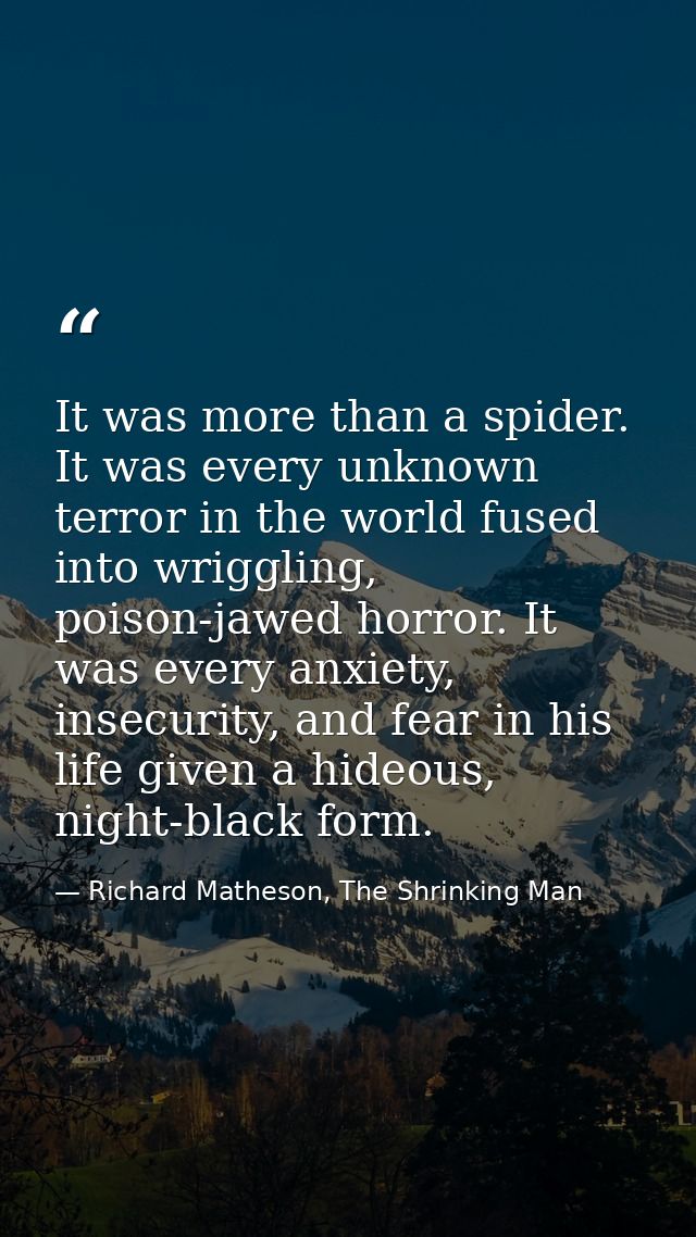 It was more than a spider. It was every unknown terror in the world fused into wriggling, poison-jawed horror. It was ev — Richard Matheson, The Shrinking Man