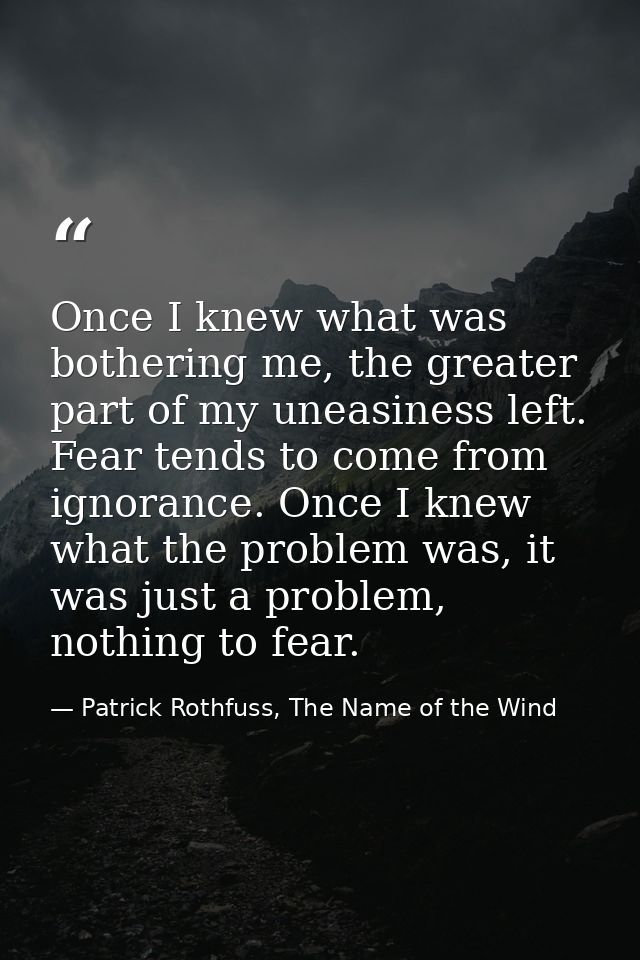 Once I knew what was bothering me, the greater part of my uneasiness left. Fear tends to come from ignorance. Once I kne — Patrick Rothfuss, The Name of the Wind