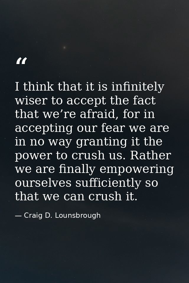 I think that it is infinitely wiser to accept the fact that we’re afraid, for in accepting our fear we are in no way gra — Craig D. Lounsbrough
