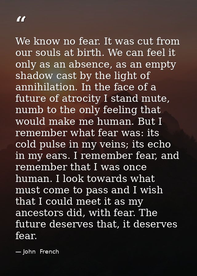 We know no fear. It was cut from our souls at birth. We can feel it only as an absence, as an empty shadow cast by the l — John  French