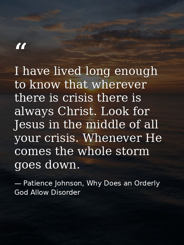 I have lived long enough to know that wherever there is crisis there is always Christ. Look for Jesus in the middle of a — Patience Johnson, Why Does an Orderly God Allow Disorder