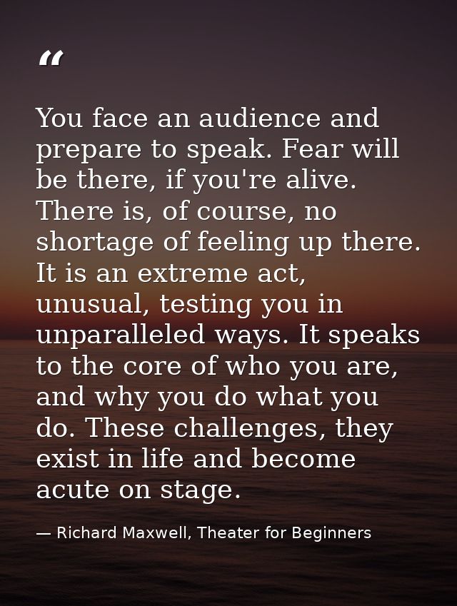 You face an audience and prepare to speak. Fear will be there, if you're alive. There is, of course, no shortage of feel — Richard Maxwell, Theater for Beginners