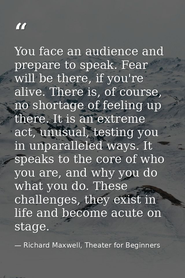 You face an audience and prepare to speak. Fear will be there, if you're alive. There is, of course, no shortage of feel — Richard Maxwell, Theater for Beginners