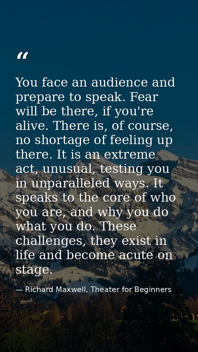 You face an audience and prepare to speak. Fear will be there, if you're alive. There is, of course, no shortage of feel — Richard Maxwell, Theater for Beginners