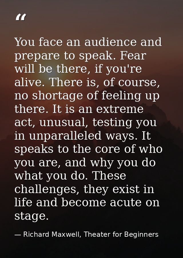 You face an audience and prepare to speak. Fear will be there, if you're alive. There is, of course, no shortage of feel — Richard Maxwell, Theater for Beginners