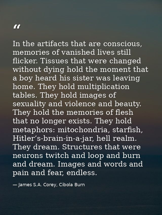 In the artifacts that are conscious, memories of vanished lives still flicker. Tissues that were changed without dying h — James S.A. Corey, Cibola Burn