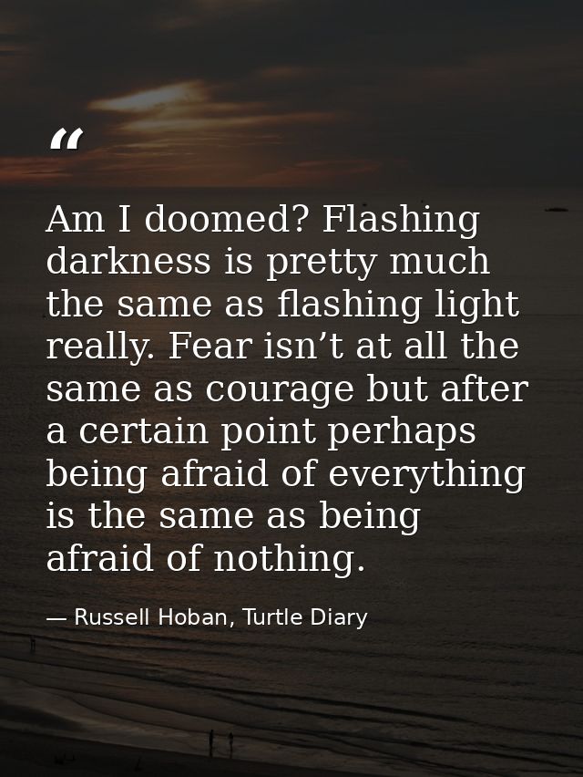 Am I doomed? Flashing darkness is pretty much the same as flashing light really. Fear isn’t at all the same as courage b — Russell Hoban, Turtle Diary