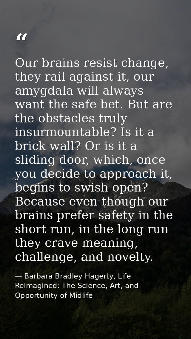 Our brains resist change, they rail against it, our amygdala will always want the safe bet. But are the obstacles truly  — Barbara Bradley Hagerty, Life Reimagined: The Science, Art, and Opportunity of Midlife