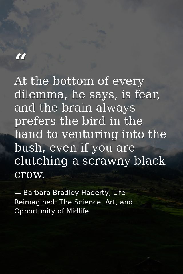At the bottom of every dilemma, he says, is fear, and the brain always prefers the bird in the hand to venturing into th — Barbara Bradley Hagerty, Life Reimagined: The Science, Art, and Opportunity of Midlife