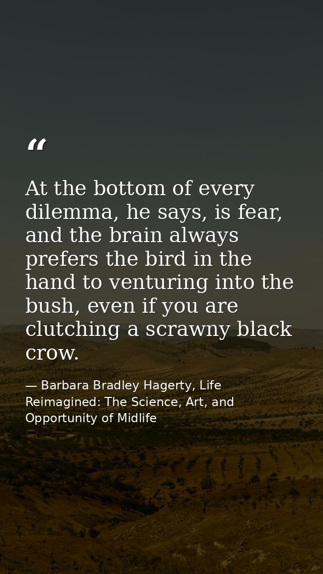 At the bottom of every dilemma, he says, is fear, and the brain always prefers the bird in the hand to venturing into th — Barbara Bradley Hagerty, Life Reimagined: The Science, Art, and Opportunity of Midlife