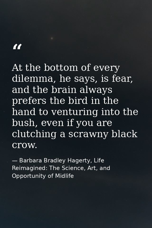 At the bottom of every dilemma, he says, is fear, and the brain always prefers the bird in the hand to venturing into th — Barbara Bradley Hagerty, Life Reimagined: The Science, Art, and Opportunity of Midlife